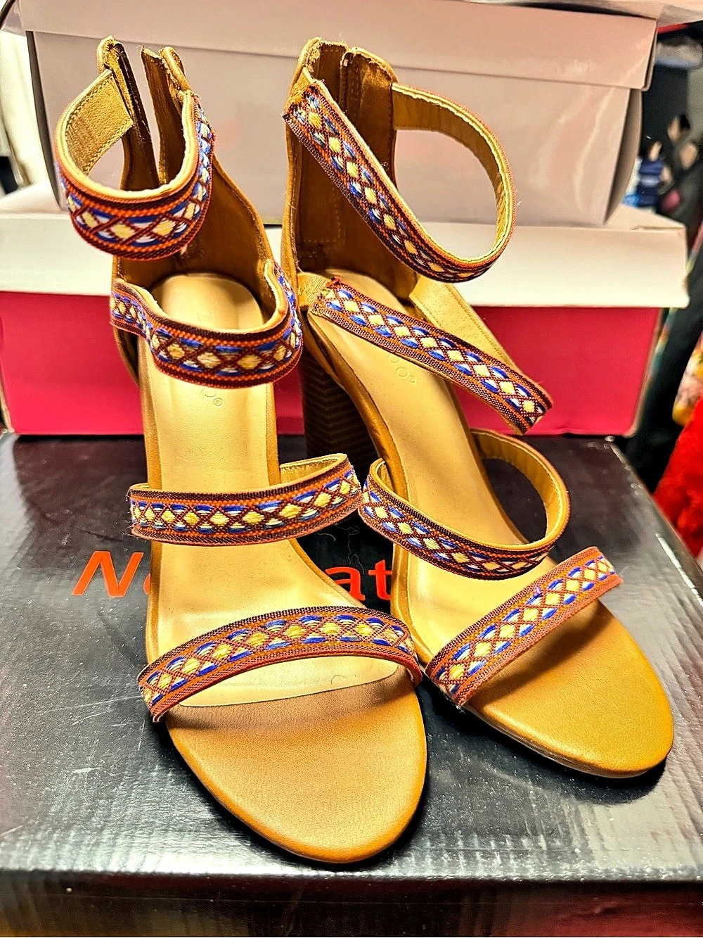 Bamboo Endore-01 Geometric Strappy Heels in Orange & Blue US 6